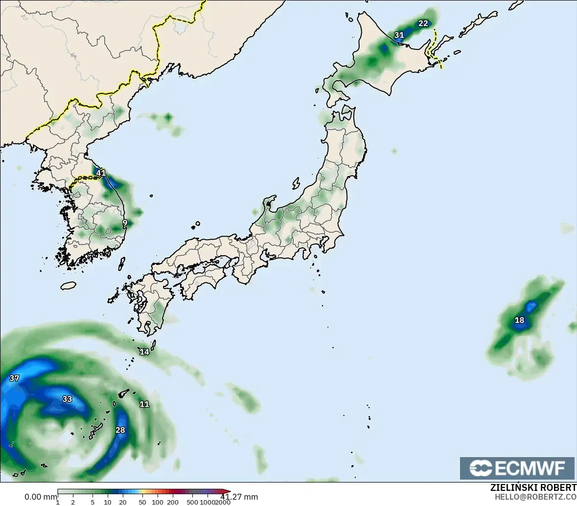 ECMWF IFS 0.25° modelo - Japón, Acumulación de precipitación