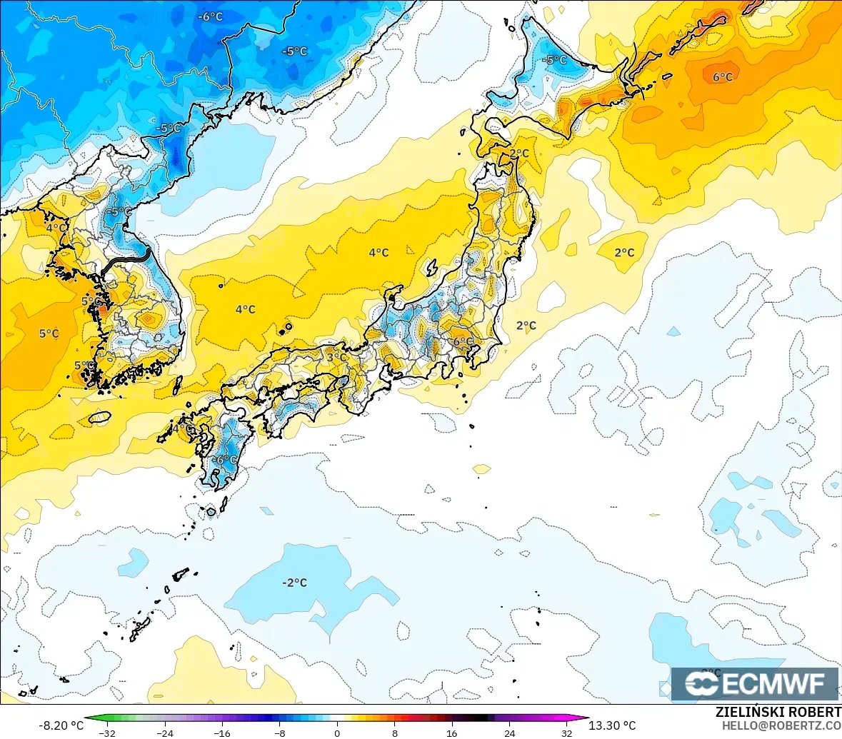 ECMWF IFS 0.25° modelo - Japón, Anomalía de temperatura a 2 m