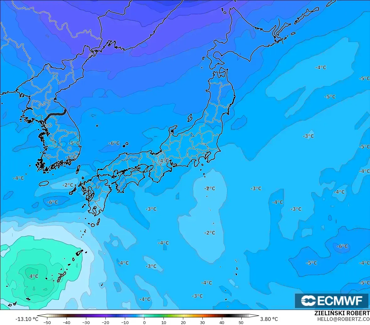 ECMWF IFS 0.25° modelo - Japón, Temperatura a 500 hPa