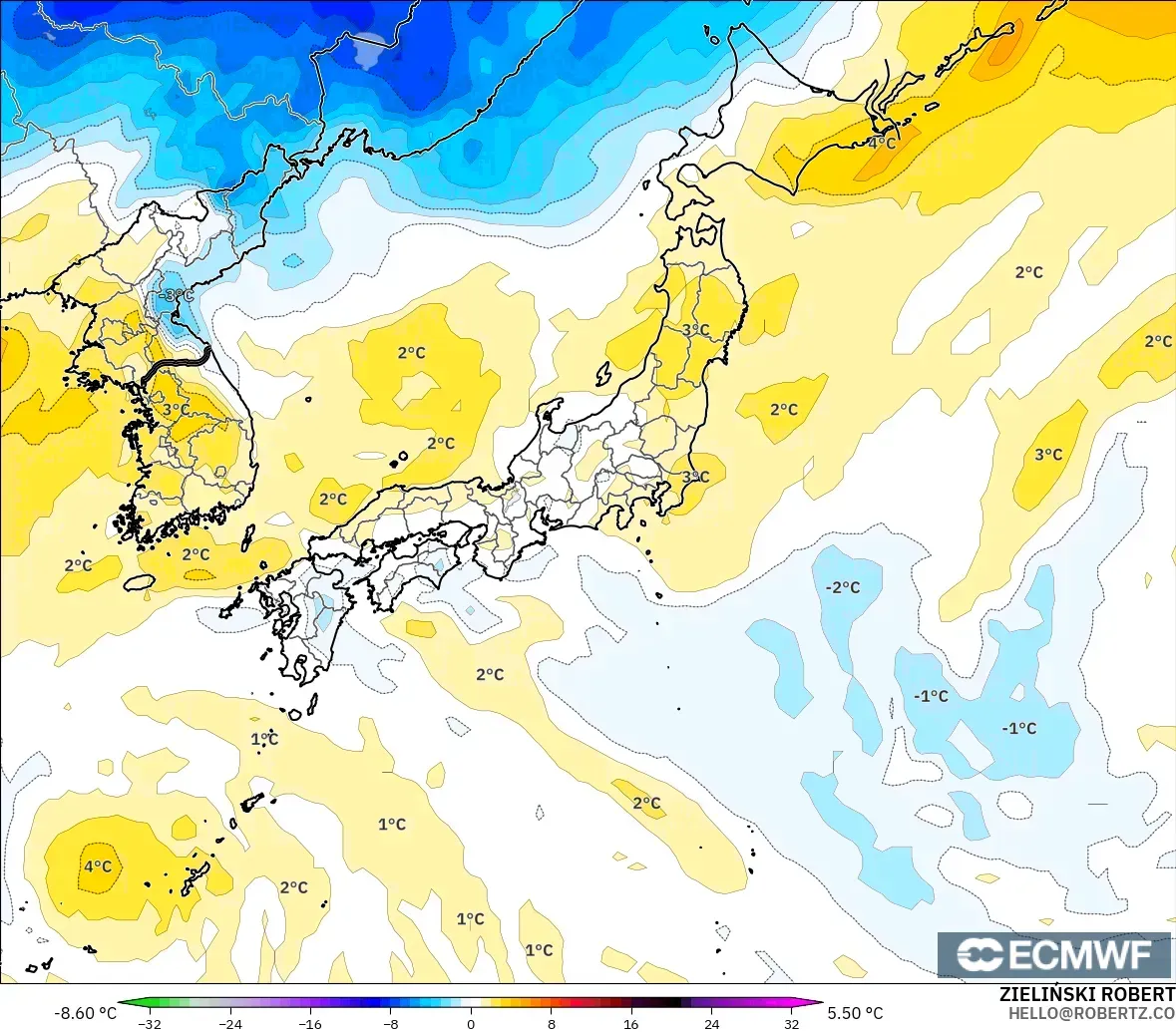 ECMWF IFS 0.25° modelo - Japón, Anomalía de temperatura a 850 hPa