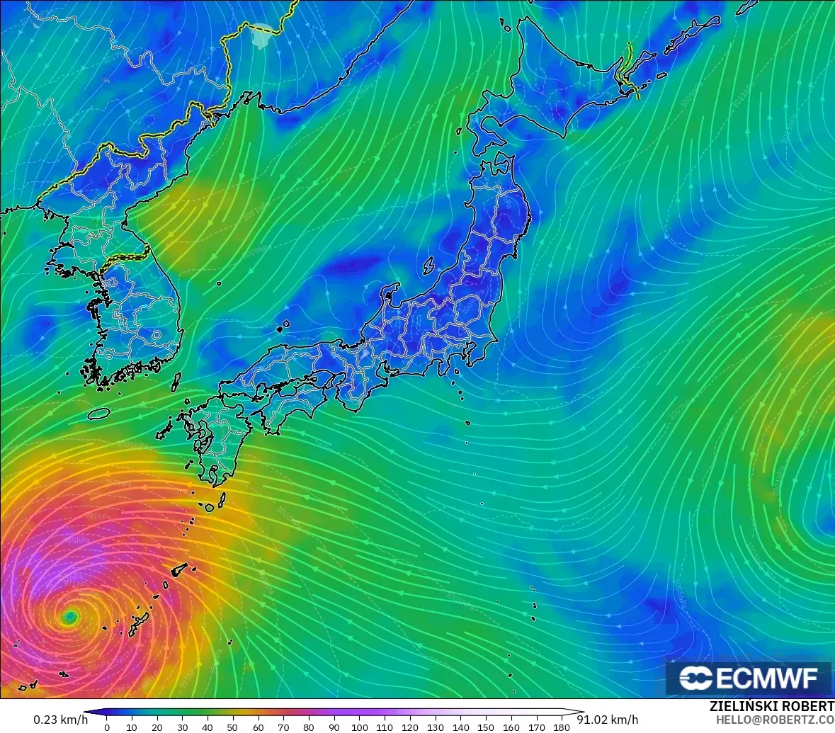 ECMWF IFS 0.25° modelo - Japón, Viento a 10 m