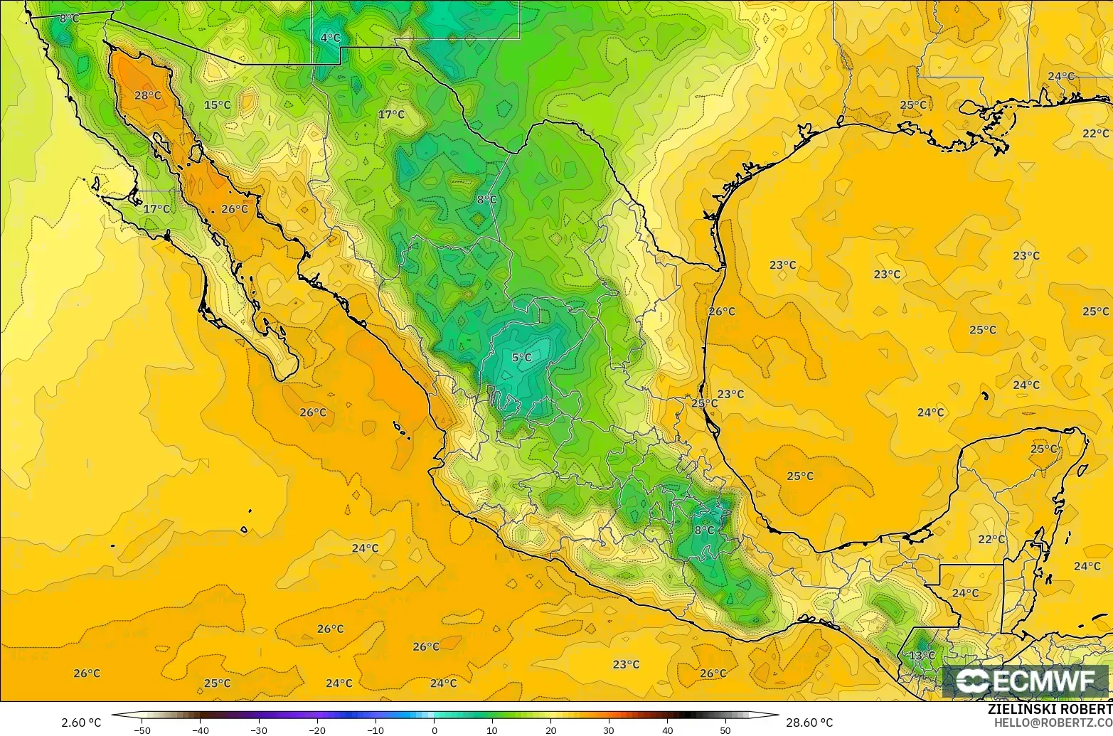 ECMWF IFS 0.25° modelo - México, Punto de rocío a 2 m