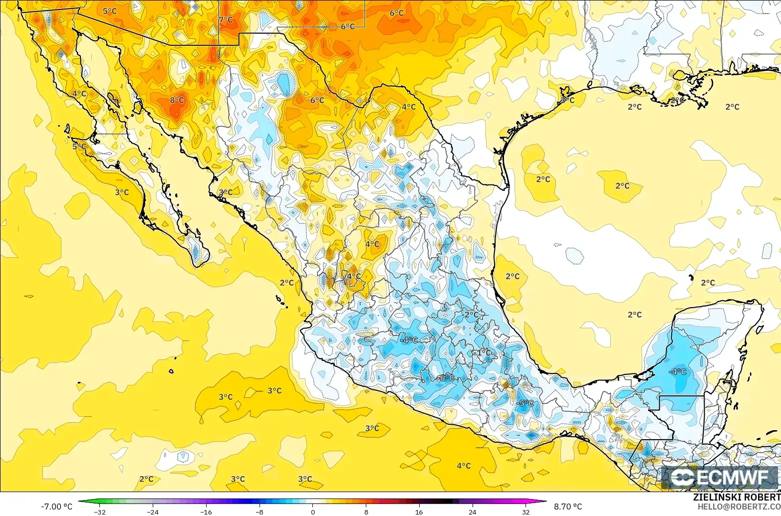 ECMWF IFS 0.25° modelo - México, Anomalía de temperatura a 2 m