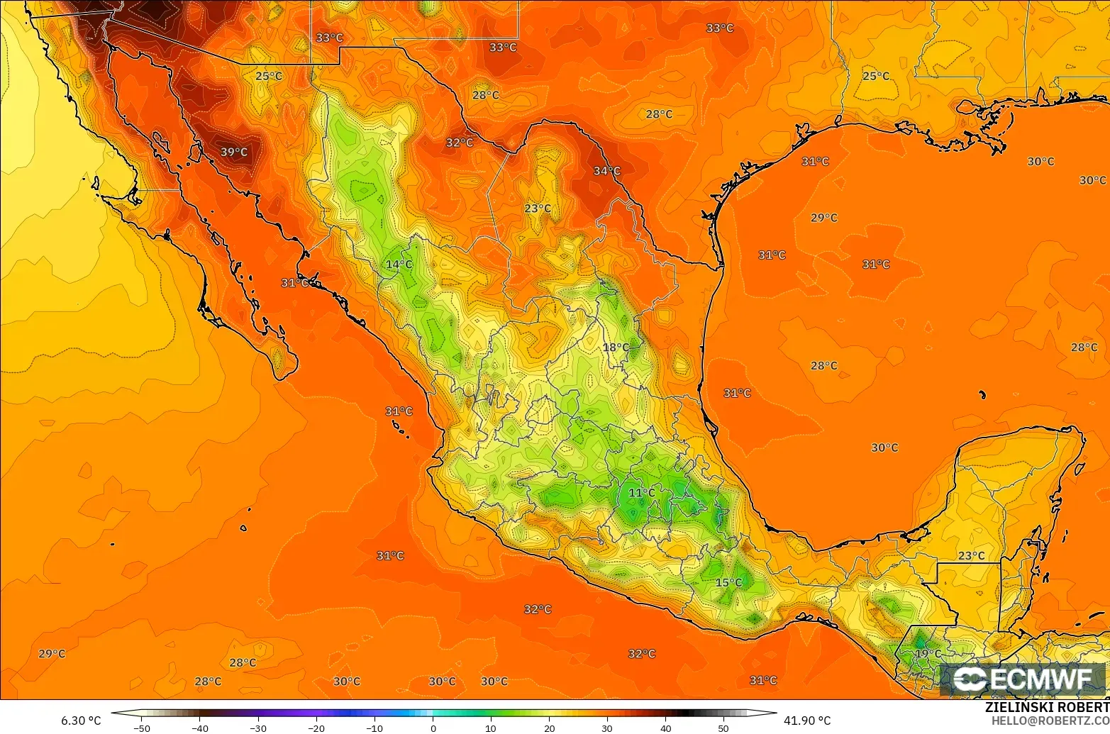 ECMWF IFS 0.25° modelo - México, Temperatura a 2 m