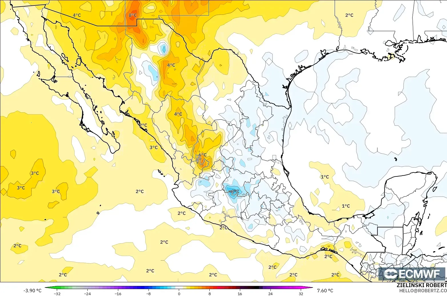 ECMWF IFS 0.25° modelo - México, Anomalía de temperatura a 850 hPa
