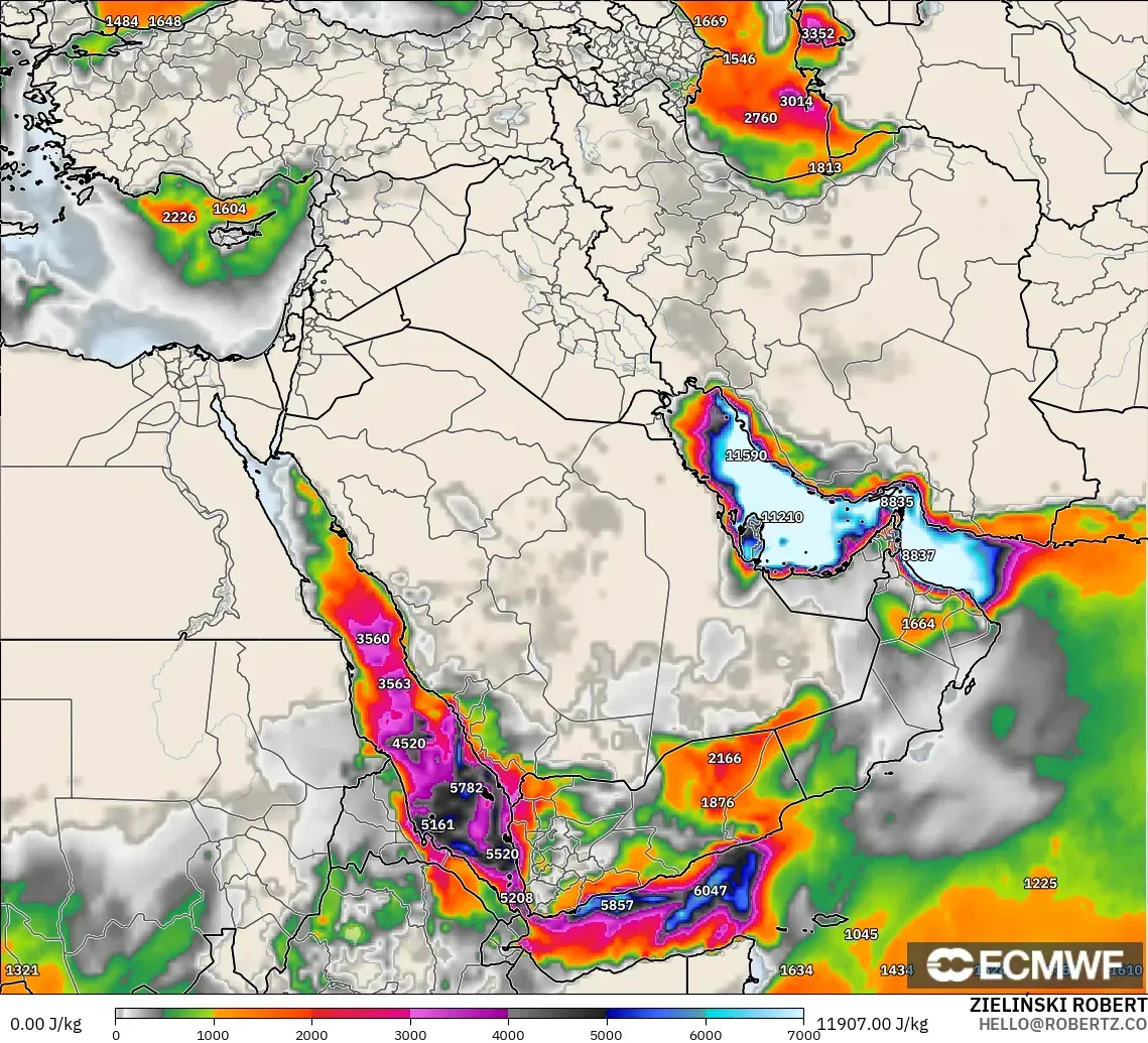ECMWF IFS 0.25° modelo - Oriente Medio, CAPE