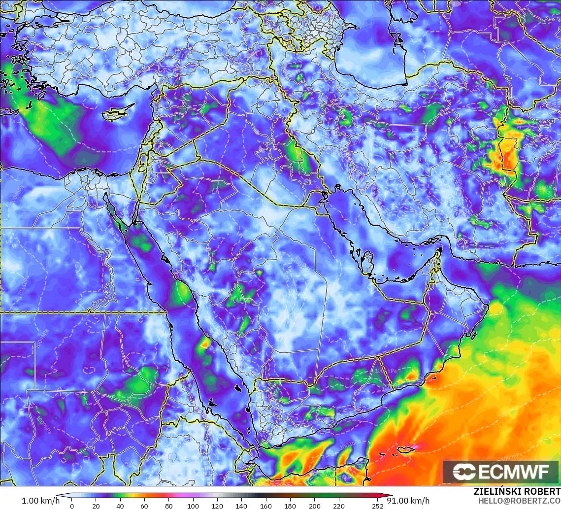 ECMWF IFS 0.25° modelo - Oriente Medio, Ráfagas de viento