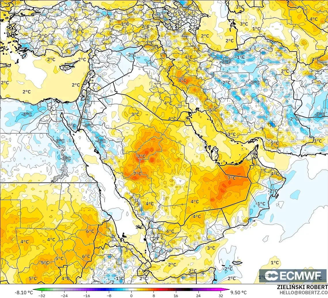 ECMWF IFS 0.25° modelo - Oriente Medio, Anomalía de temperatura a 2 m