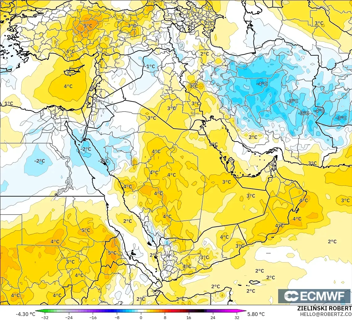 ECMWF IFS 0.25° modelo - Oriente Medio, Anomalía de temperatura a 850 hPa