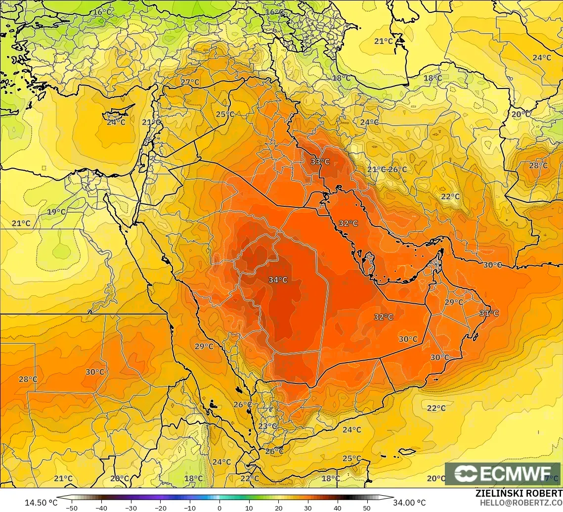 ECMWF IFS 0.25° modelo - Oriente Medio, Temperatura a 850 hPa