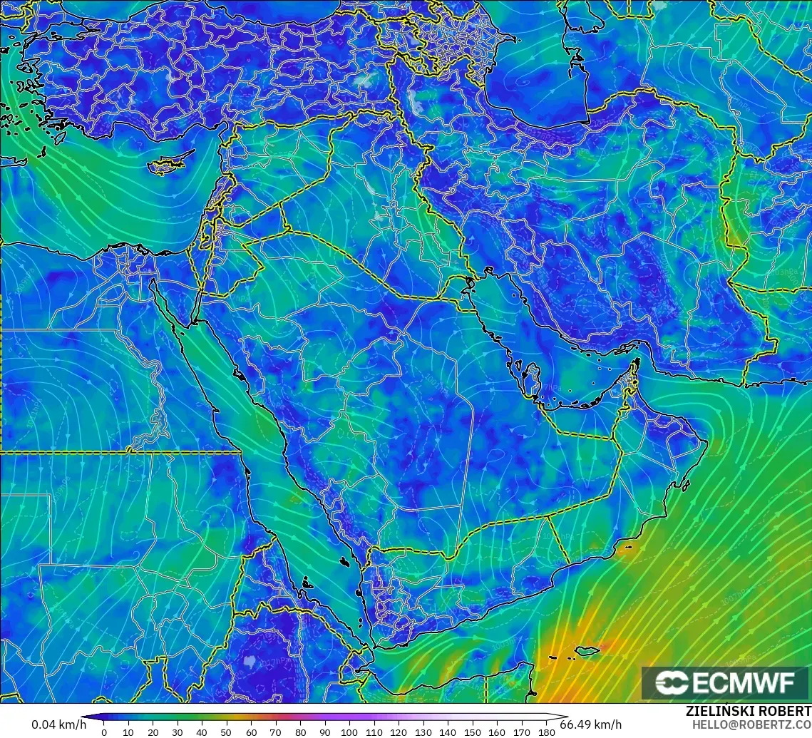 ECMWF IFS 0.25° modelo - Oriente Medio, Viento a 10 m
