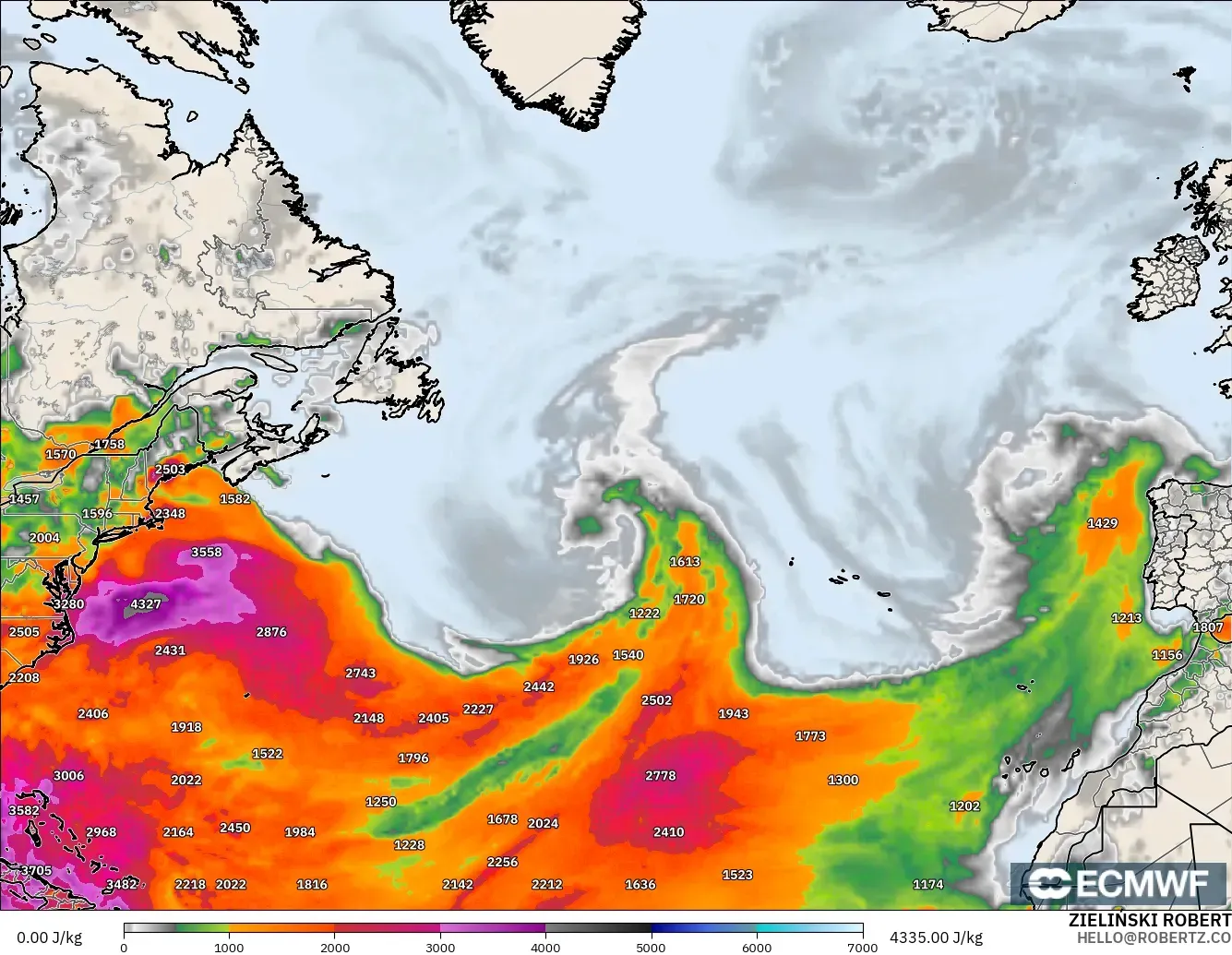 ECMWF IFS 0.25° modelo - Norte Atlántico, CAPE