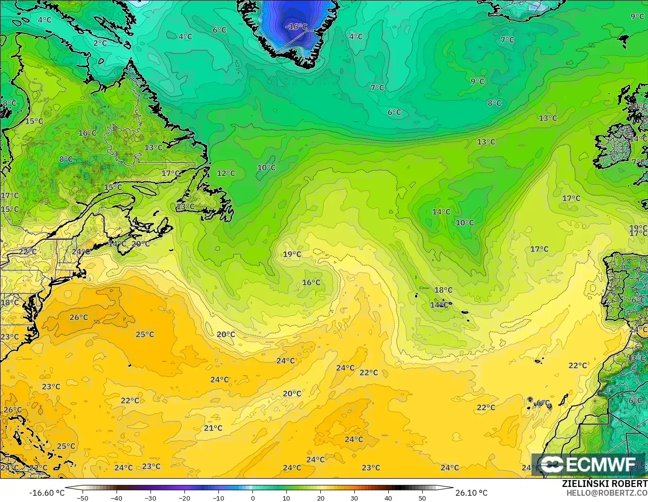 ECMWF IFS 0.25° modelo - Norte Atlántico, Punto de rocío a 2 m