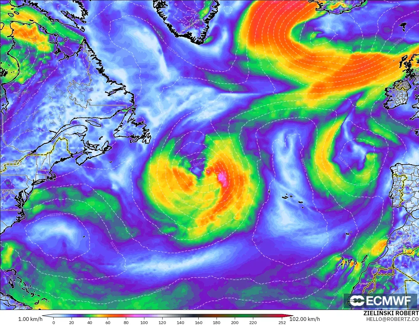 ECMWF IFS 0.25° modelo - Norte Atlántico, Ráfagas de viento