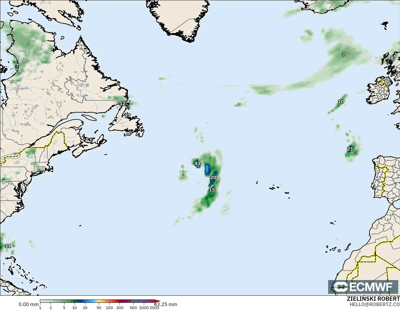 ECMWF IFS 0.25° modelo - Norte Atlántico, Acumulación de precipitación