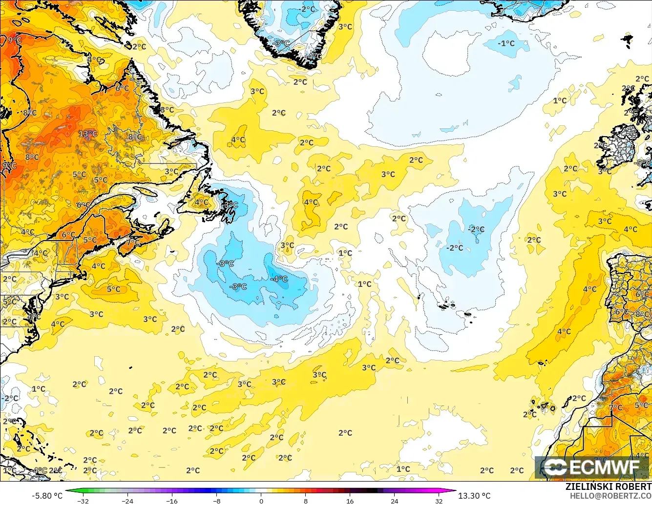 ECMWF IFS 0.25° modelo - Norte Atlántico, Anomalía de temperatura a 2 m