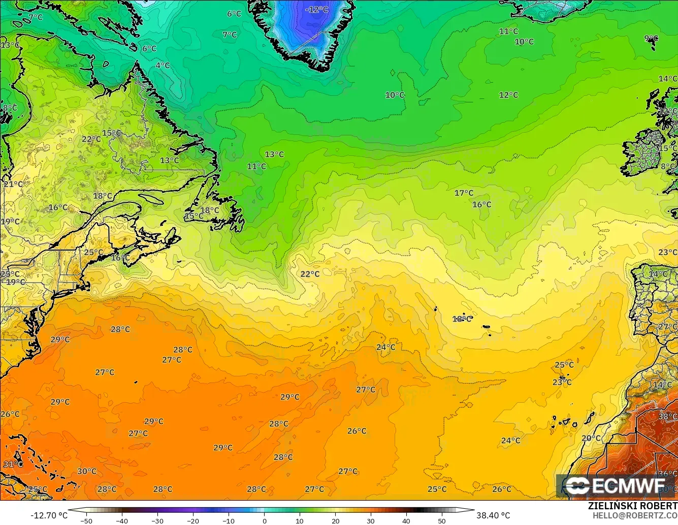 ECMWF IFS 0.25° modelo - Norte Atlántico, Temperatura a 2 m