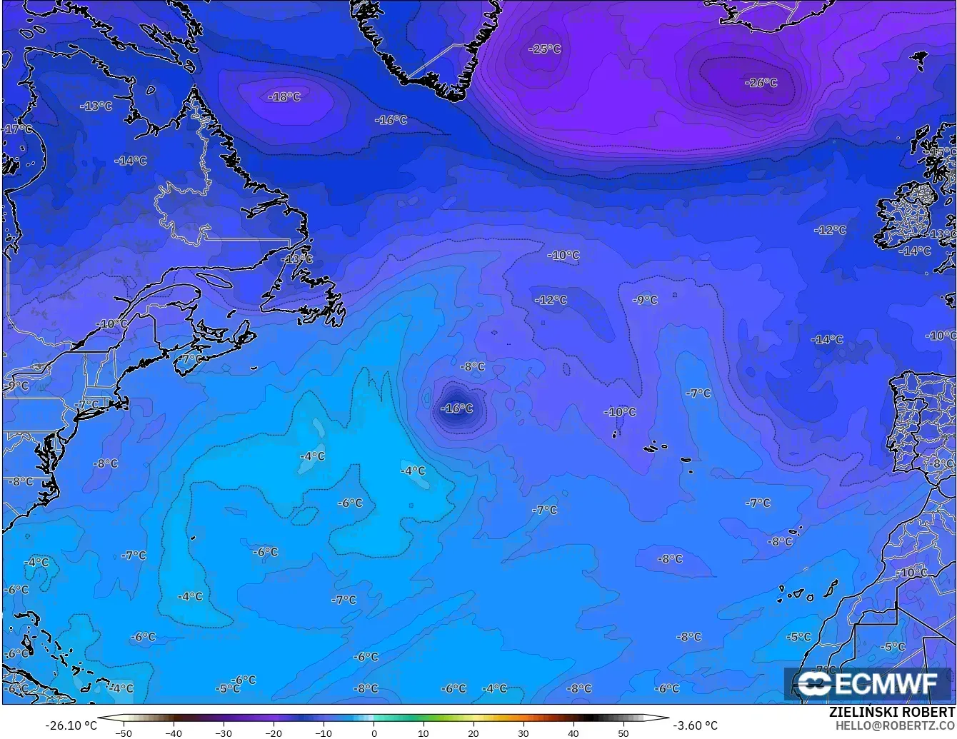 ECMWF IFS 0.25° modelo - Norte Atlántico, Temperatura a 500 hPa