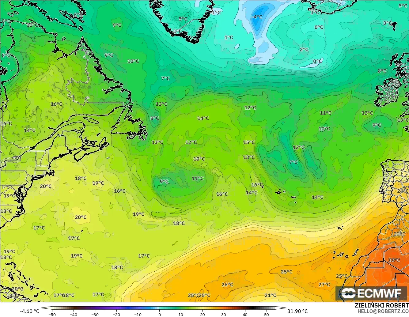 ECMWF IFS 0.25° modelo - Norte Atlántico, Temperatura a 850 hPa