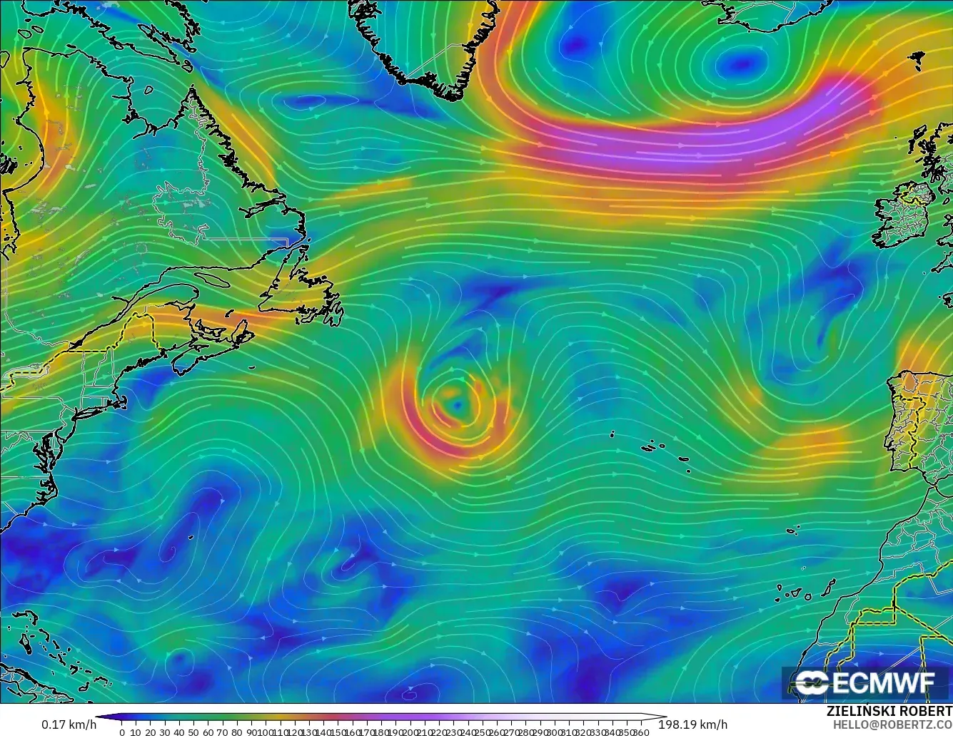 ECMWF IFS 0.25° modelo - Norte Atlántico, Viento a 300 hPa (corriente en chorro)