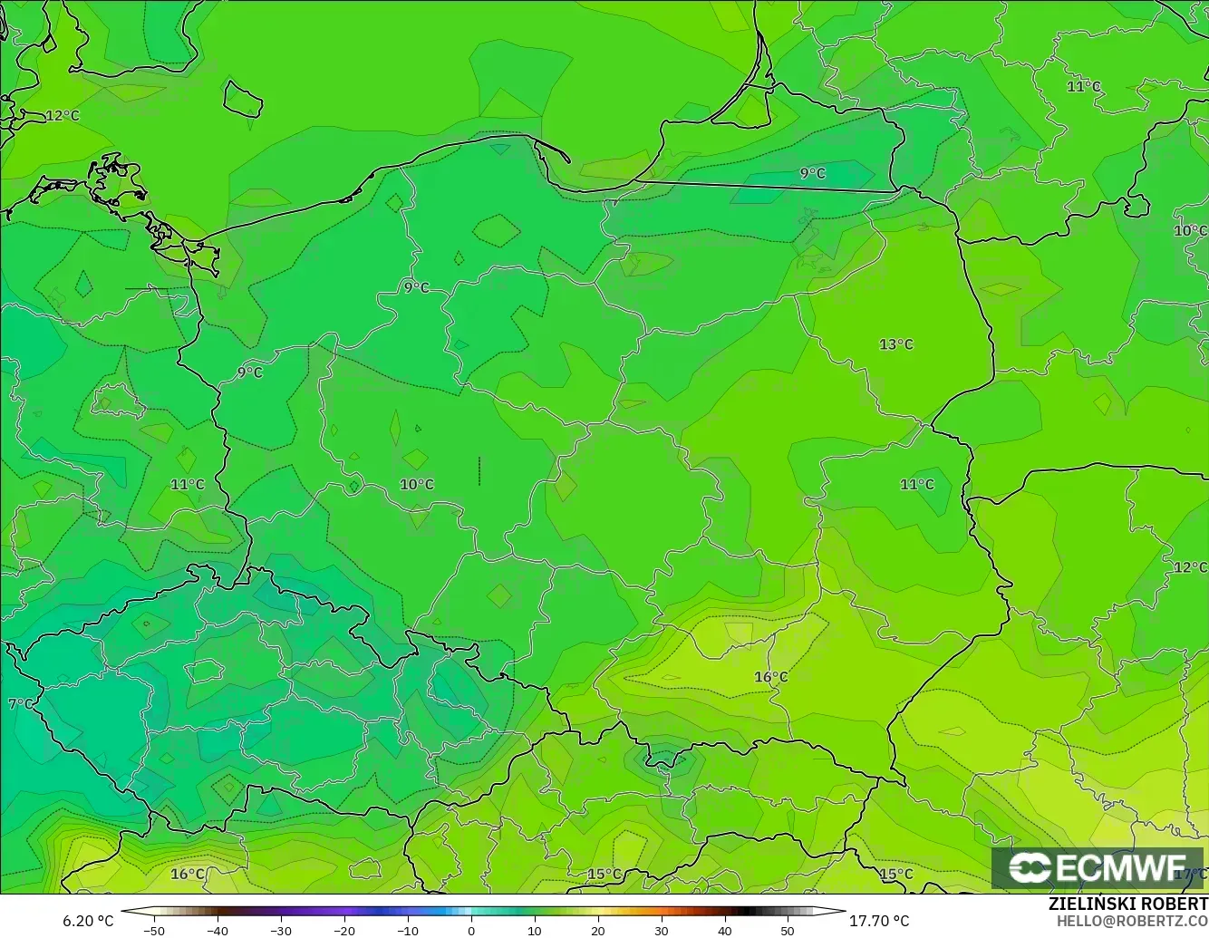 ECMWF IFS 0.25° modelo - Polonia, Punto de rocío a 2 m