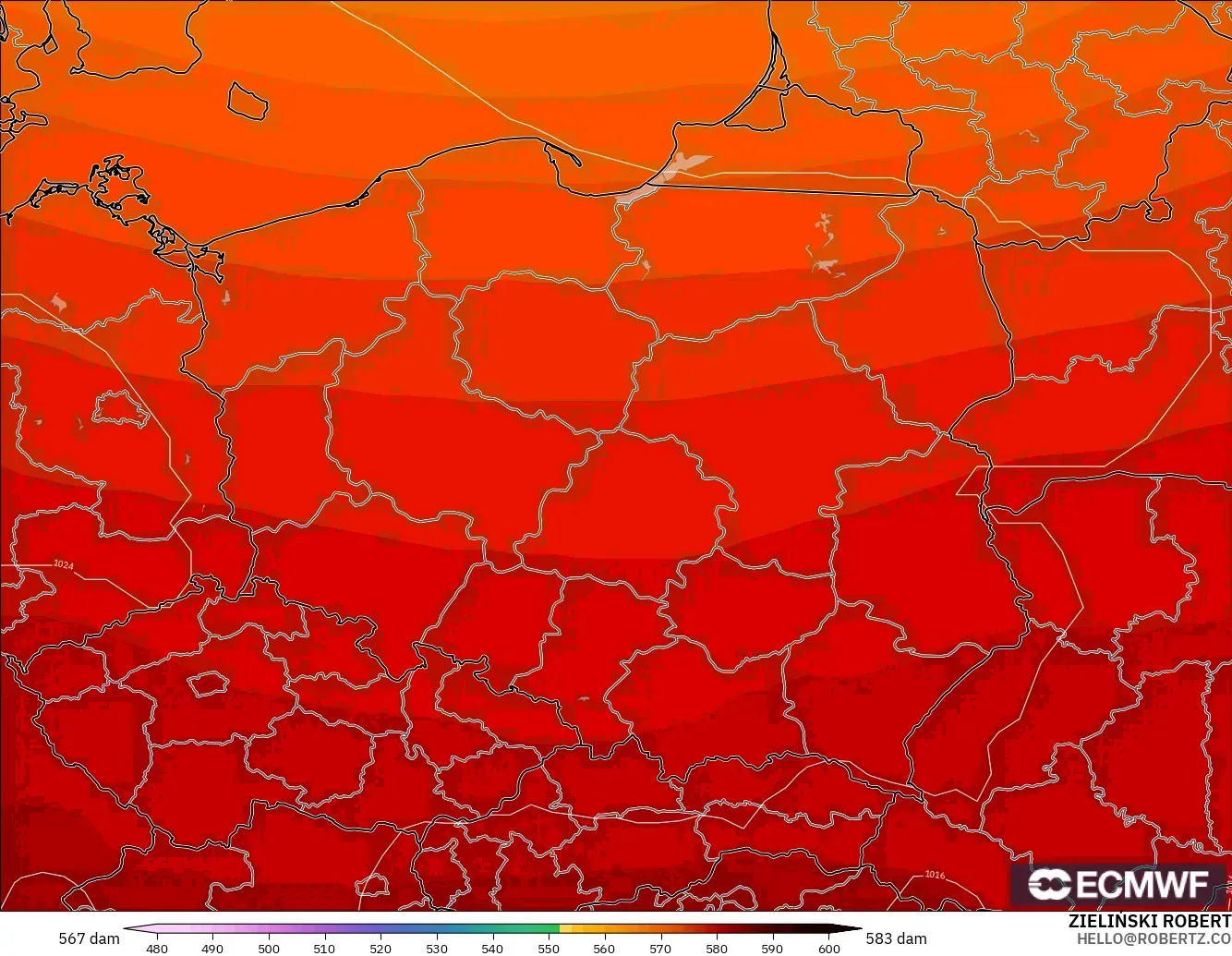 ECMWF IFS 0.25° modelo - Polonia, Altura geopotencial a 500 hPa