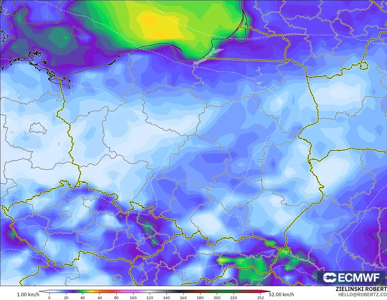 ECMWF IFS 0.25° modelo - Polonia, Ráfagas de Viento Máximas