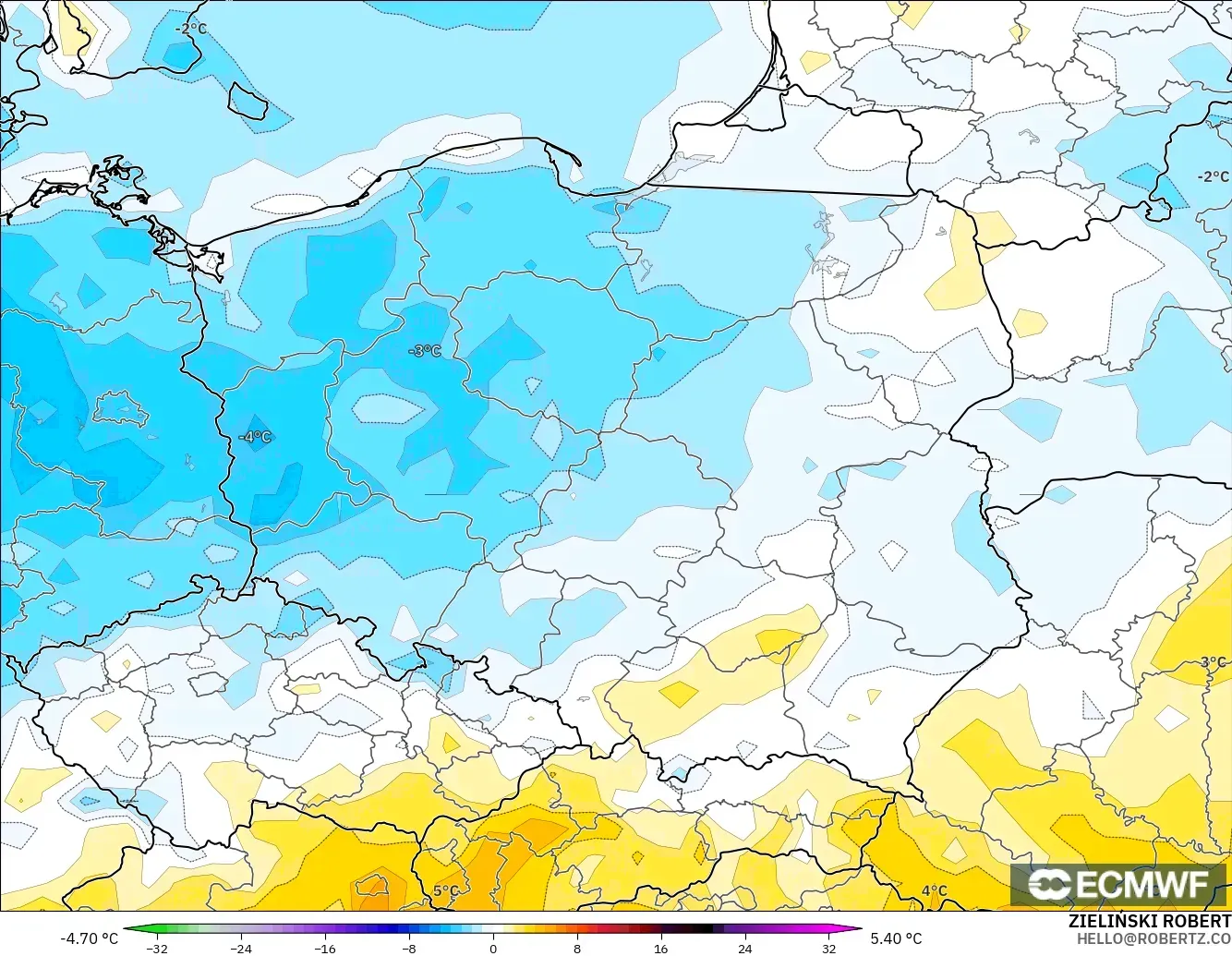 ECMWF IFS 0.25° modelo - Polonia, Anomalía de temperatura a 2 m