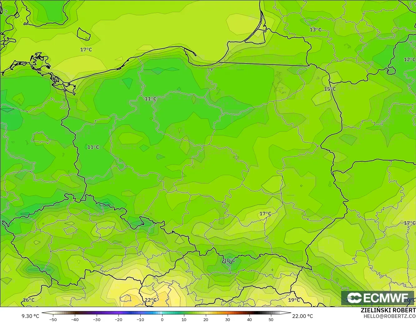 ECMWF IFS 0.25° modelo - Polonia, Temperatura a 2 m