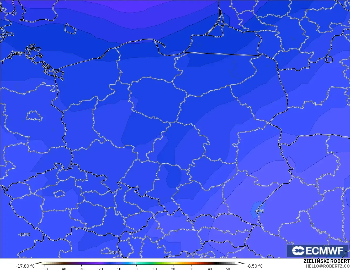 ECMWF IFS 0.25° modelo - Polonia, Temperatura a 500 hPa