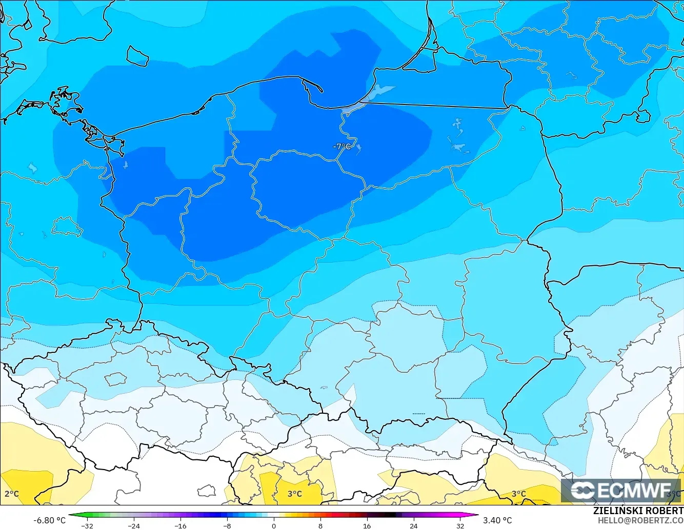 ECMWF IFS 0.25° modelo - Polonia, Anomalía de temperatura a 850 hPa