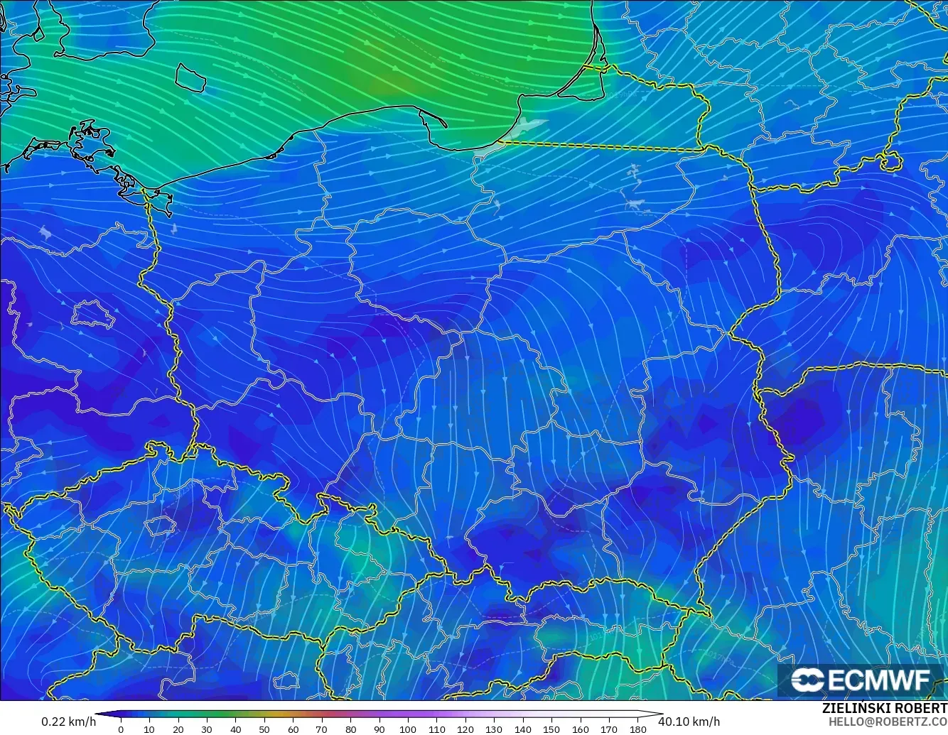 ECMWF IFS 0.25° modelo - Polonia, Viento a 10 m