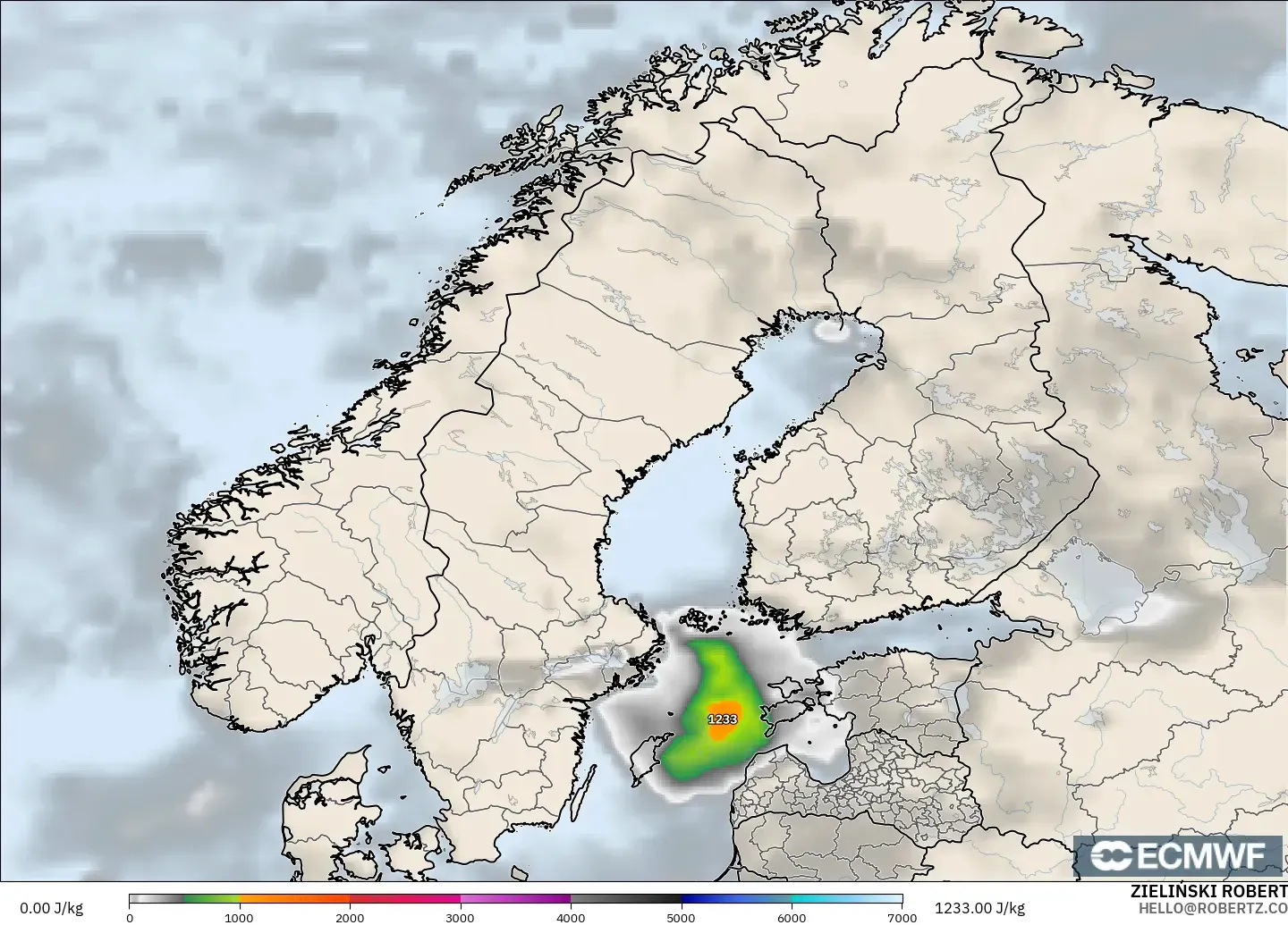 ECMWF IFS 0.25° modelo - Escandinavia, CAPE