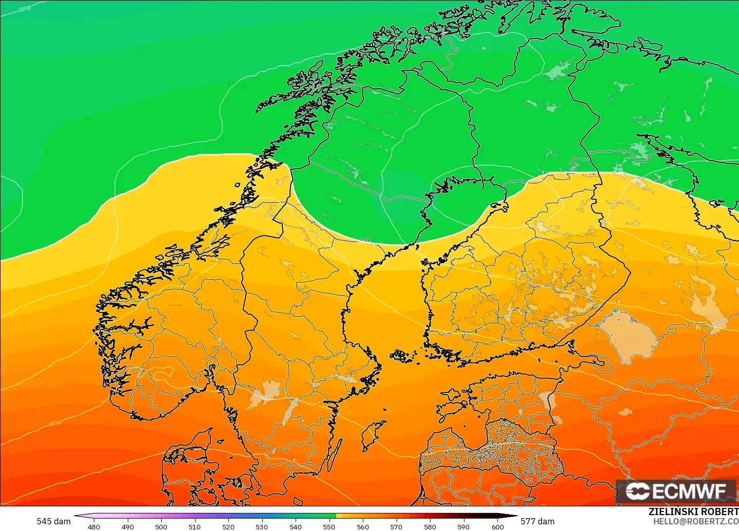 ECMWF IFS 0.25° modelo - Escandinavia, Altura geopotencial a 500 hPa