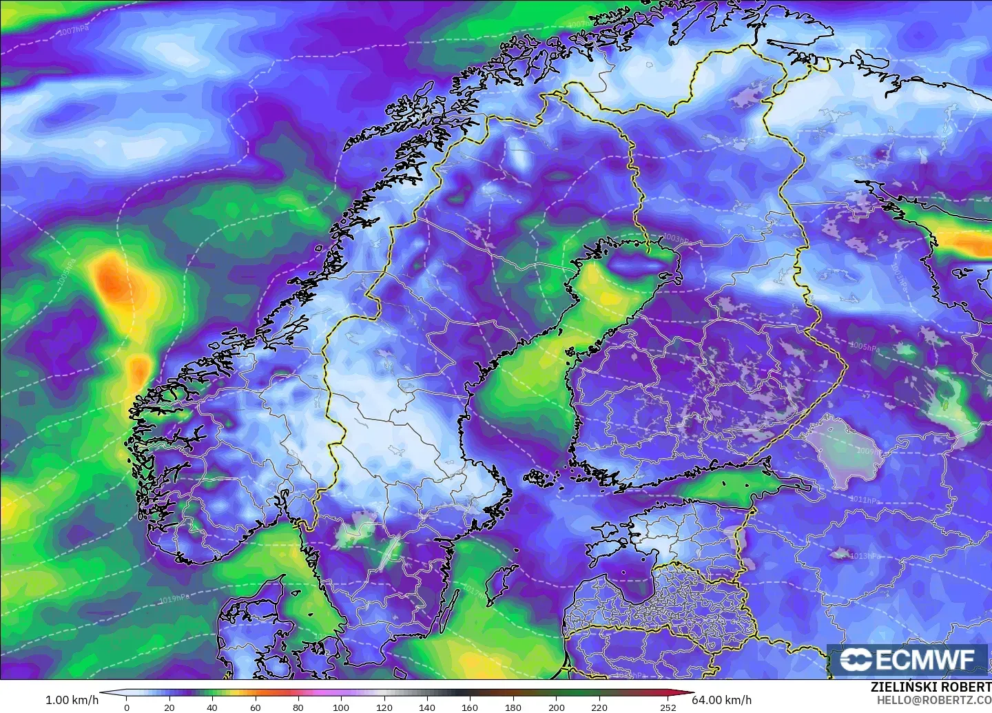 ECMWF IFS 0.25° modelo - Escandinavia, Ráfagas de viento