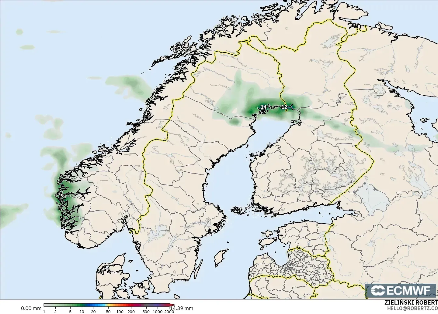 ECMWF IFS 0.25° modelo - Escandinavia, Acumulación de precipitación
