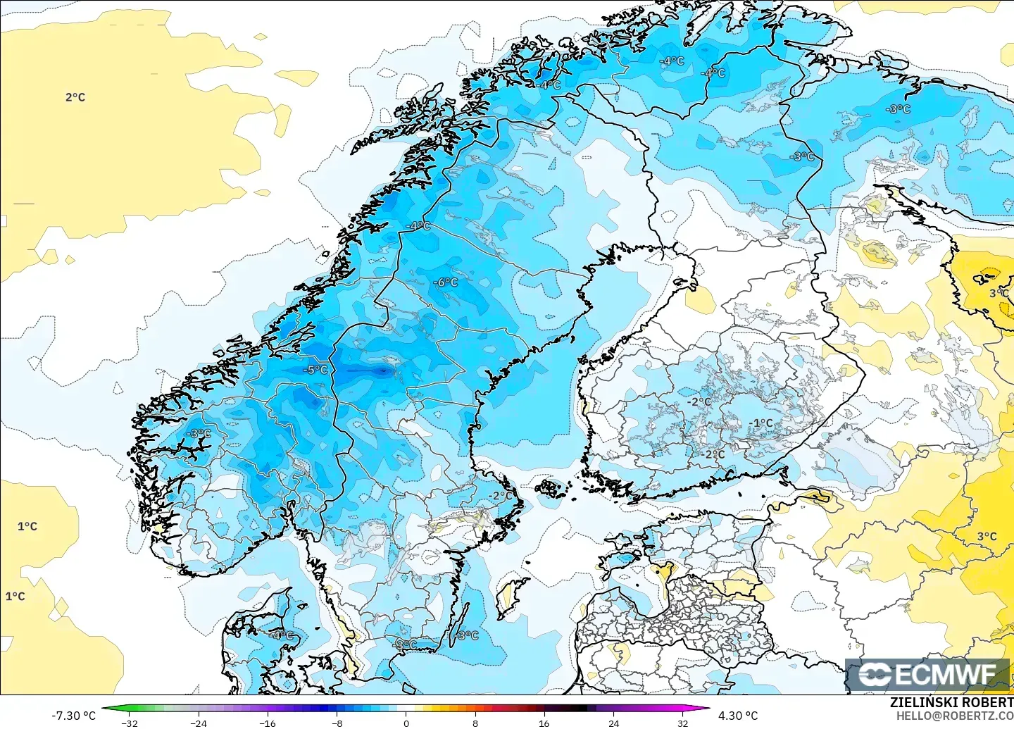 ECMWF IFS 0.25° modelo - Escandinavia, Anomalía de temperatura a 2 m