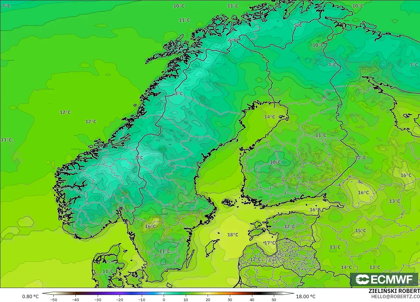ECMWF IFS 0.25° modelo - Escandinavia, Temperatura a 2 m