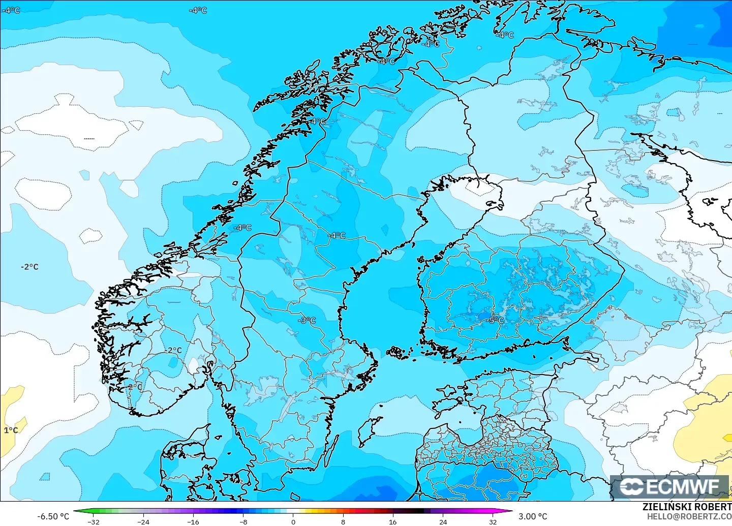 ECMWF IFS 0.25° modelo - Escandinavia, Anomalía de temperatura a 850 hPa