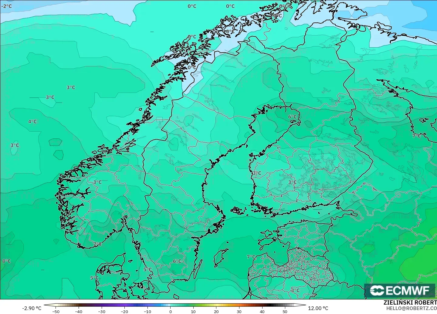 ECMWF IFS 0.25° modelo - Escandinavia, Temperatura a 850 hPa