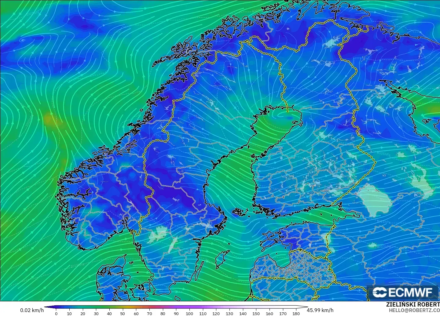 ECMWF IFS 0.25° modelo - Escandinavia, Viento a 10 m
