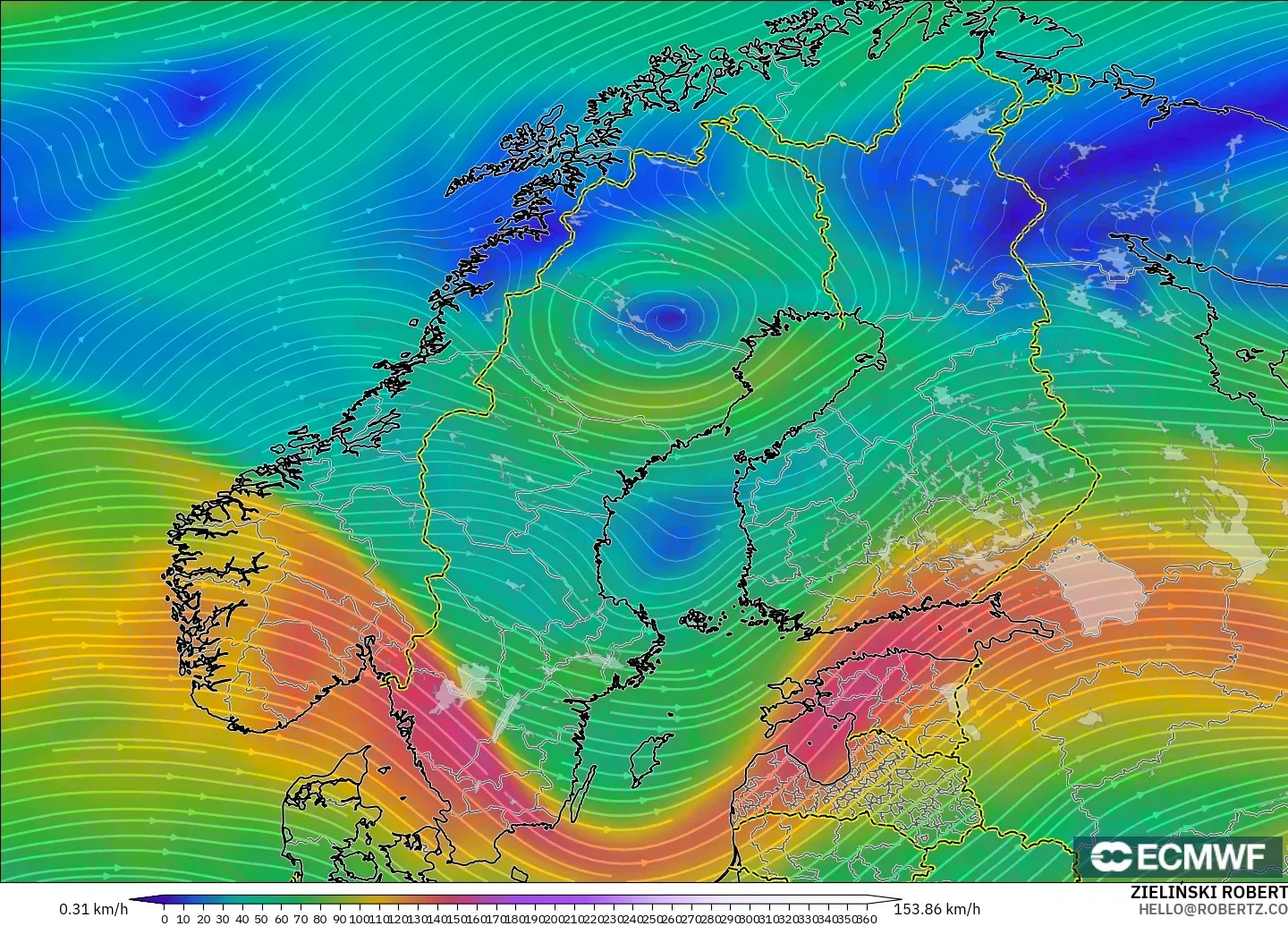 ECMWF IFS 0.25° modelo - Escandinavia, Viento a 300 hPa (corriente en chorro)