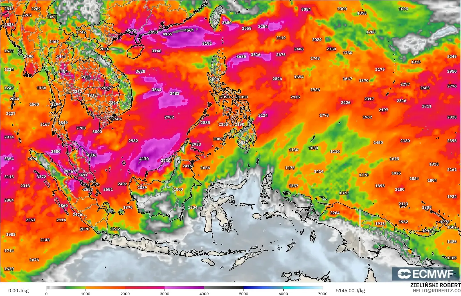 ECMWF IFS 0.25° modelo - Sudeste Asiático, CAPE