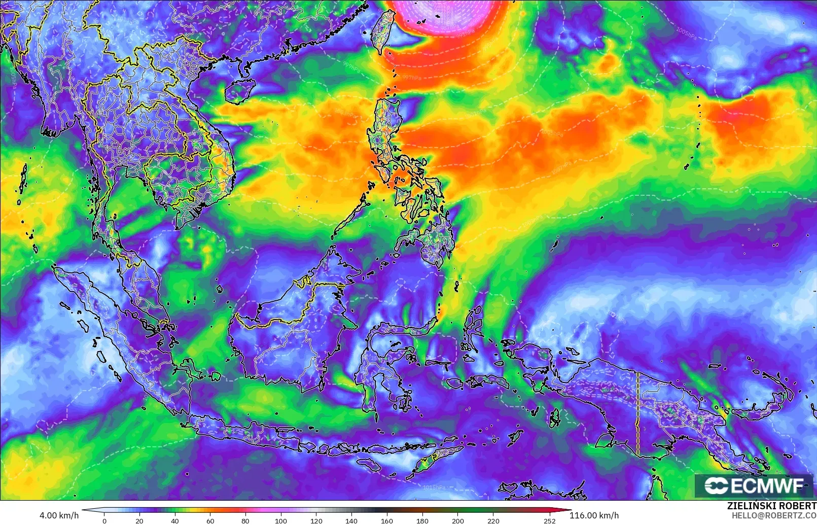 ECMWF IFS 0.25° modelo - Sudeste Asiático, Ráfagas de viento