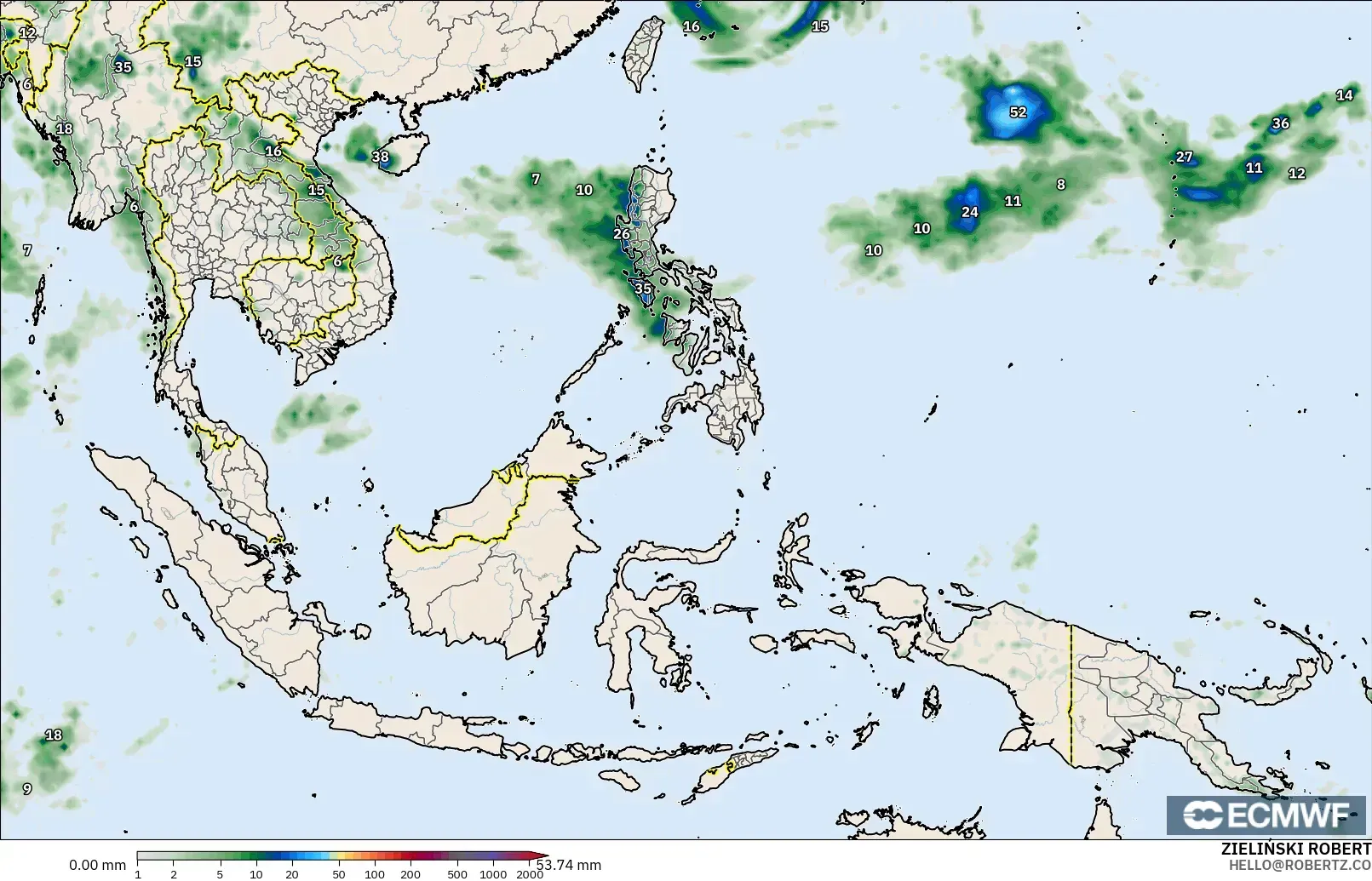 ECMWF IFS 0.25° modelo - Sudeste Asiático, Acumulación de precipitación