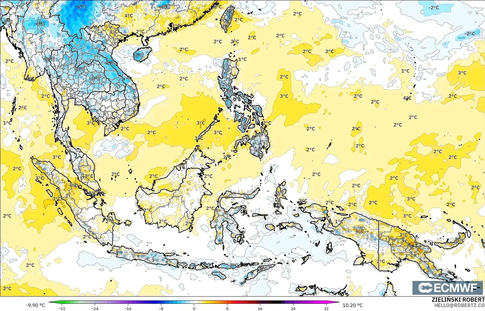 ECMWF IFS 0.25° modelo - Sudeste Asiático, Anomalía de temperatura a 2 m