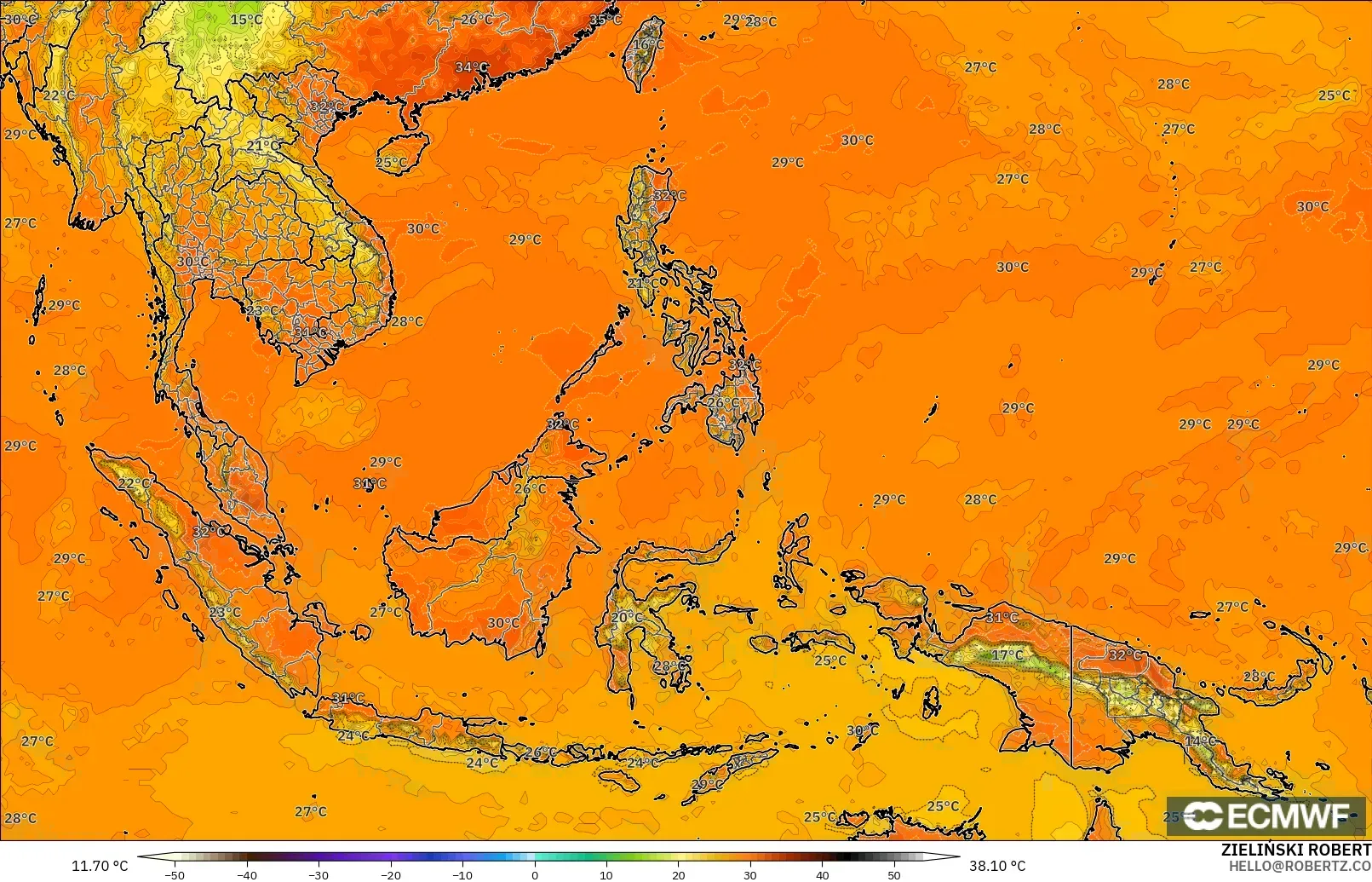 ECMWF IFS 0.25° modelo - Sudeste Asiático, Temperatura a 2 m