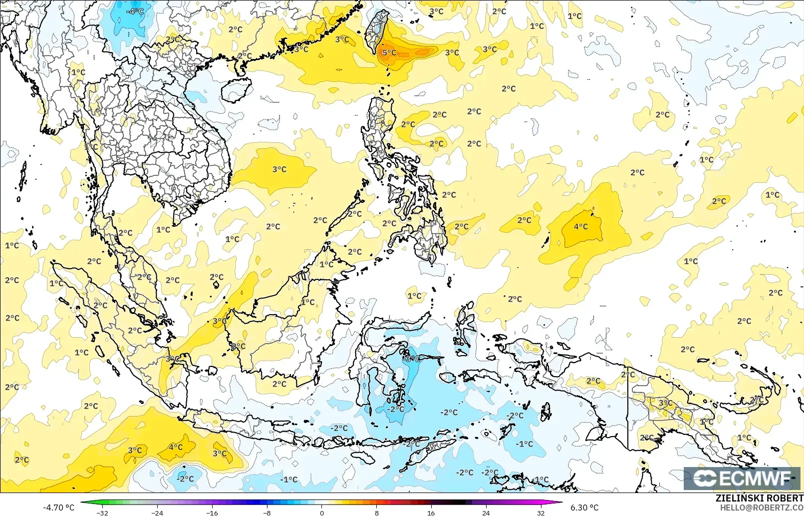 ECMWF IFS 0.25° modelo - Sudeste Asiático, Anomalía de temperatura a 850 hPa