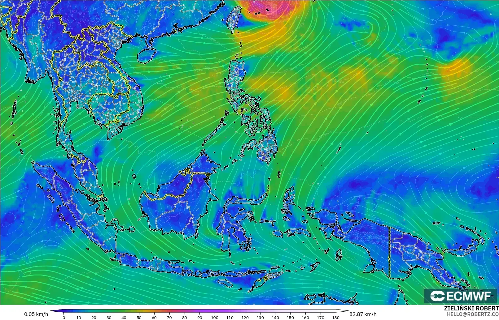 ECMWF IFS 0.25° modelo - Sudeste Asiático, Viento a 10 m