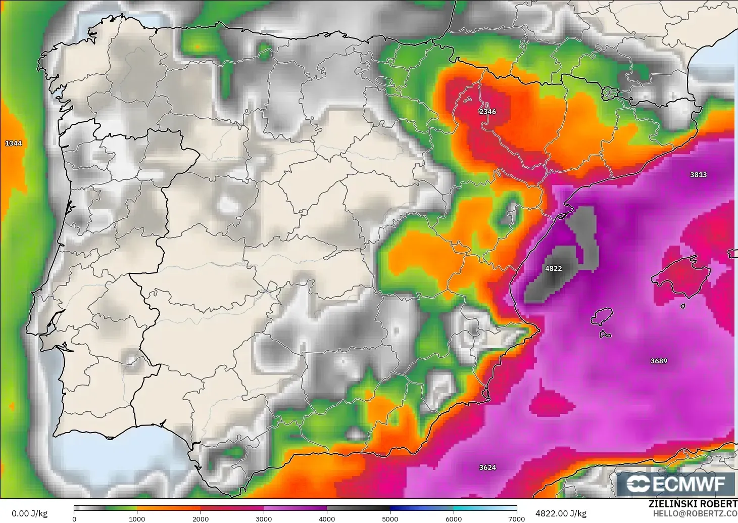 ECMWF IFS 0.25° modelo - España, CAPE